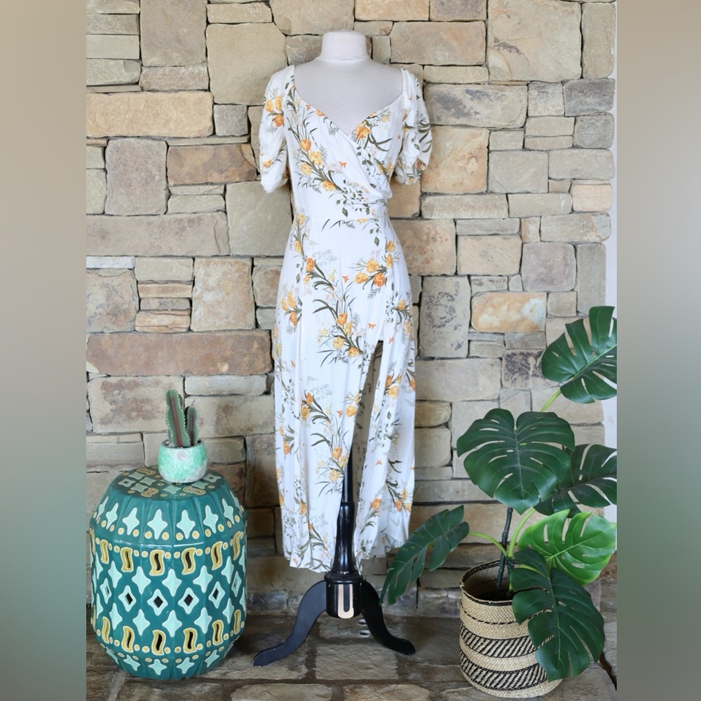Reformation Pearl Dress Aurora Floral Cream Ivory Orange Gold Puff Sleeve